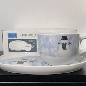 Jcpenney NIB Christmas Milk and Cookies 2 Pc Snack Set Snowman Mug & Plate